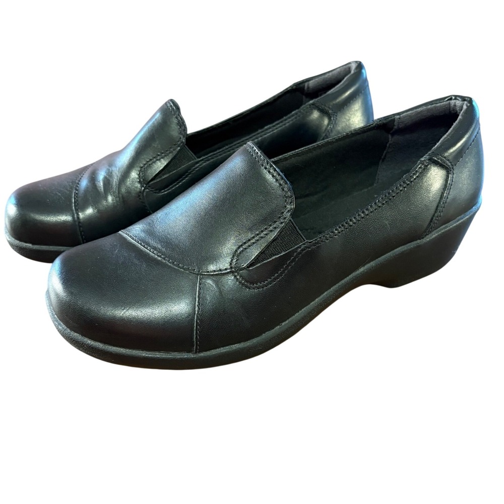 Clarks Collection Leather Loafers Women 8 Black‎ Excellent Wedge Slip On Shoes